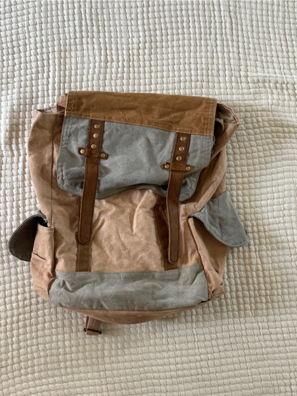 Canvas Flap Backpack in Brown and Light Gray